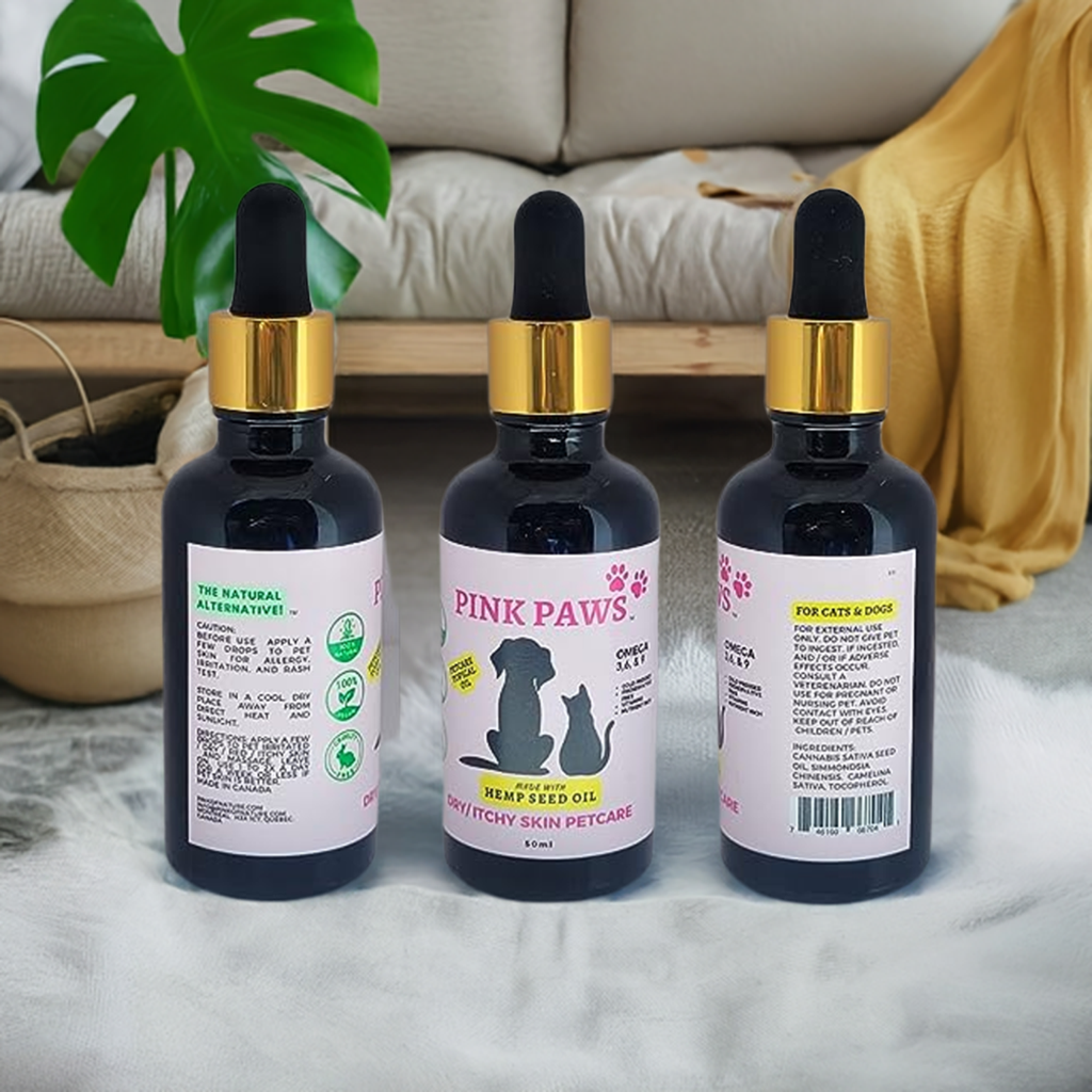 Pink Paws Dry/Itchy Skin Topical Petcare Hemp Seed Oil for Indoor Outdoor Dogs and Cats with Omega 3, 6 & 9 Fatty Acids | 50ml for Hydrating, Soothing and Aiding Dry Cracked Skin