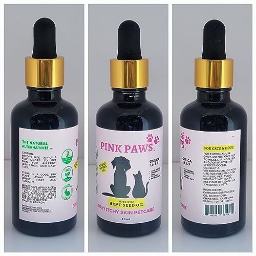 Pink Paws Dry/Itchy Skin Topical Petcare Hemp Seed Oil for Indoor Outdoor Dogs and Cats with Omega 3, 6 & 9 Fatty Acids | 50ml for Hydrating, Soothing and Aiding Dry Cracked Skin